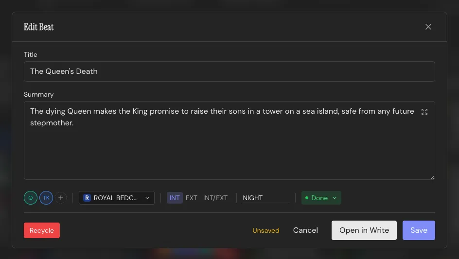 The Beat editor: title, summary, cast, Setting, INT/EXT and time of day, and status