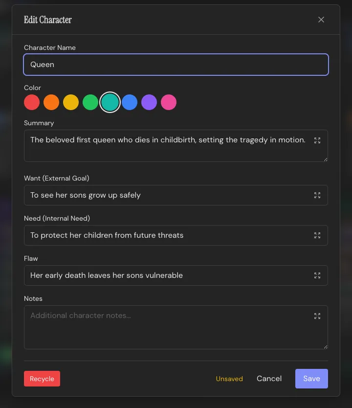 The Character editor: name, color, summary, Want, Need, and Flaw