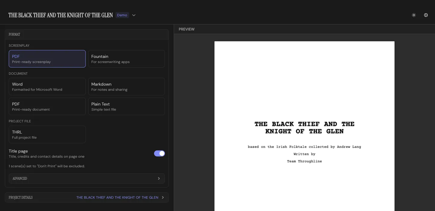 The Deliver Workspace: format options on the left, a live title-page preview on the right