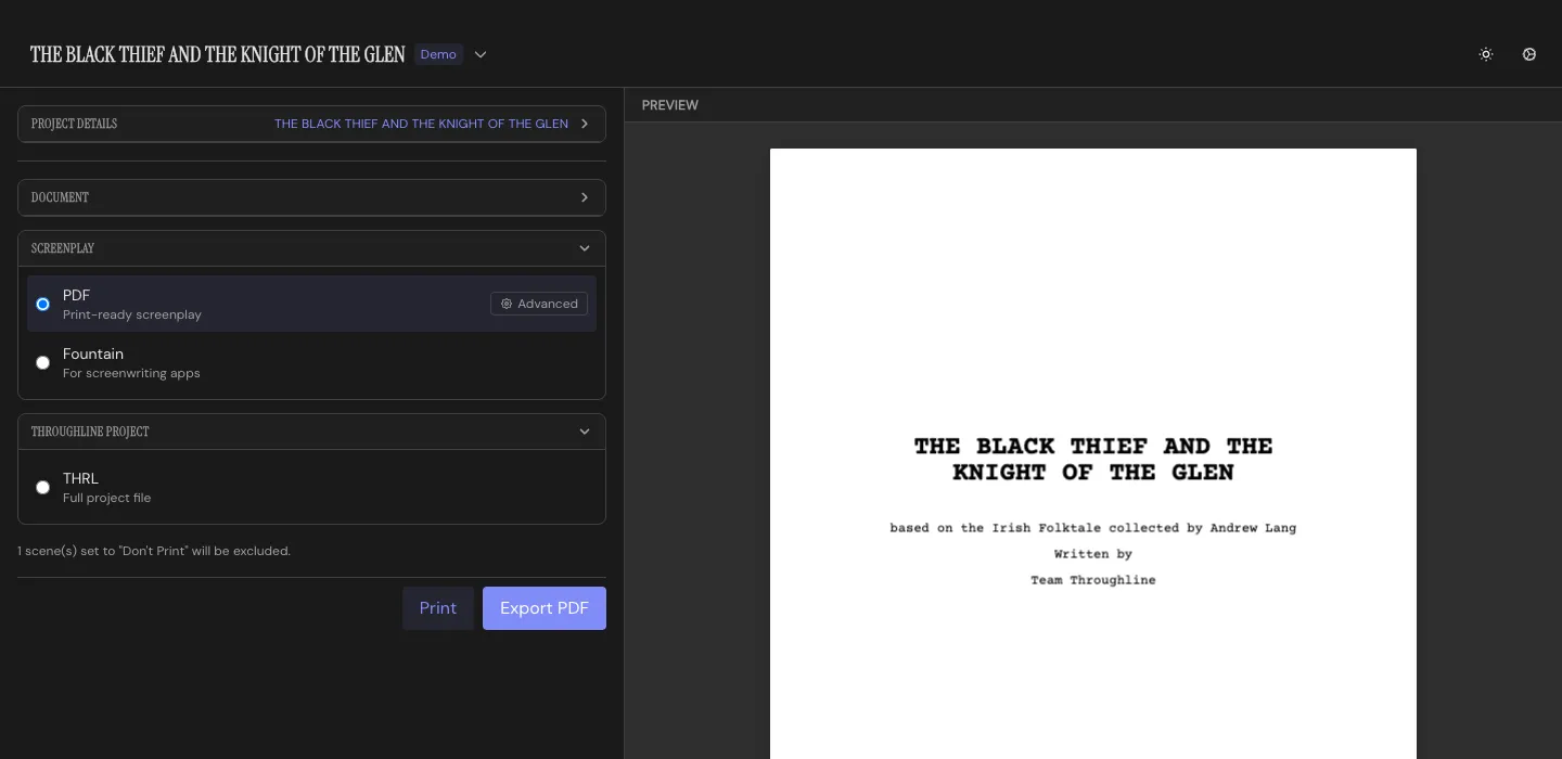 The Deliver Workspace: format options on the left, a live title-page preview on the right