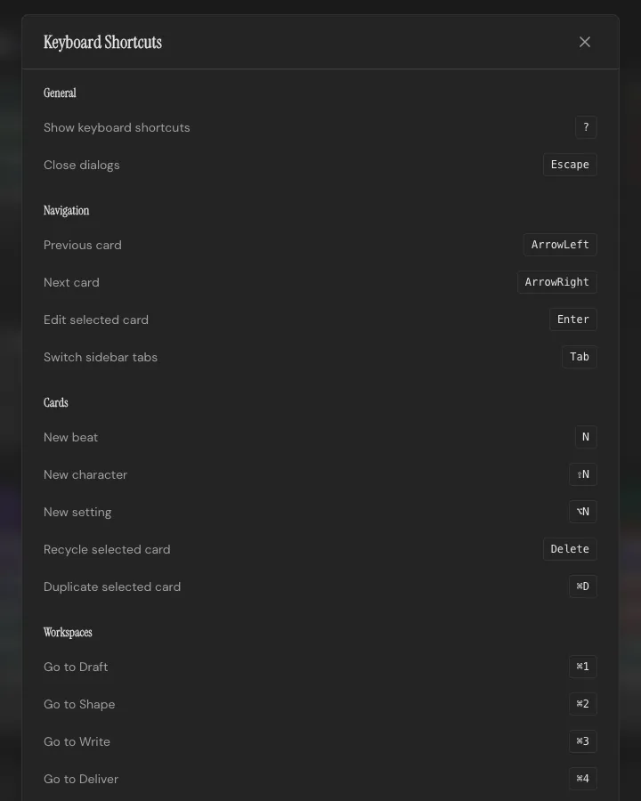 The Keyboard Shortcuts modal, listing every shortcut by category