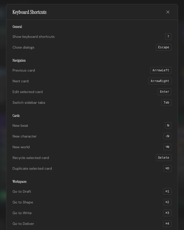 The Keyboard Shortcuts modal, listing every shortcut by category