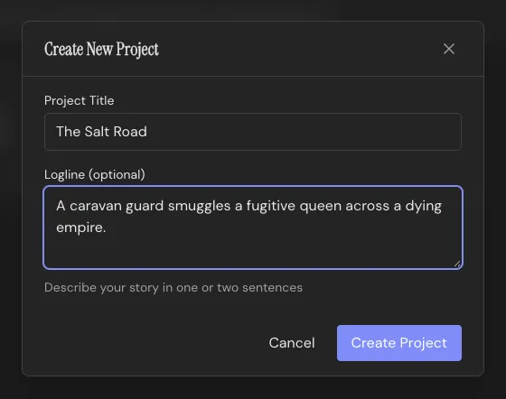 The New Project dialog: title and an optional logline