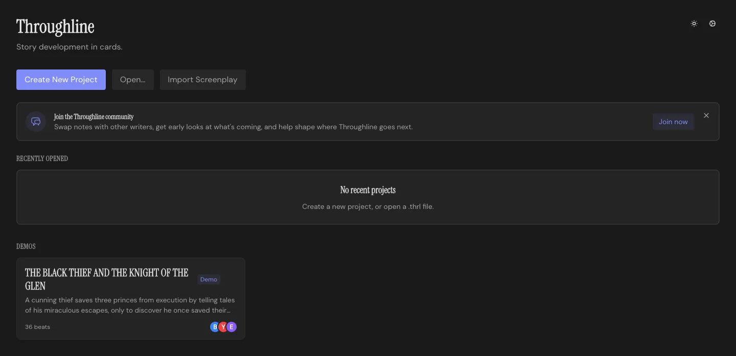 Throughline’s project list, showing the bundled demo project