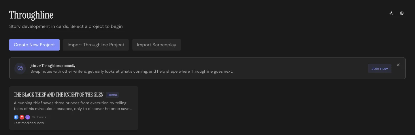 Throughline’s project list, showing the bundled demo project