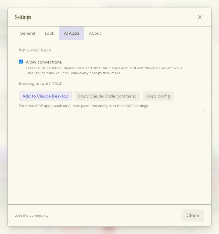 The AI Apps tab in Settings: Allow connections turned on, the running status, and the Copy Claude Code command and Copy config buttons