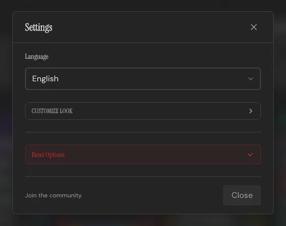The Settings panel