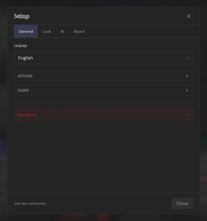 The Settings panel