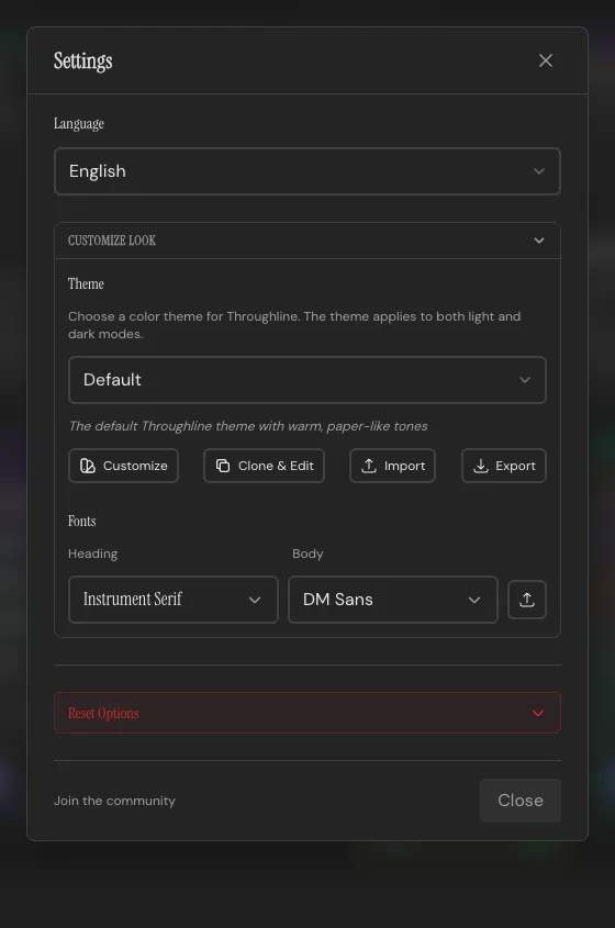 The Settings panel with the Customize Look section open, showing the theme and font pickers