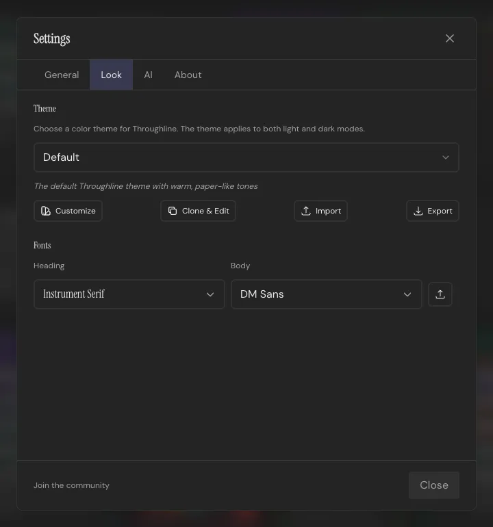 The Settings window on the Look tab, showing the theme and font pickers
