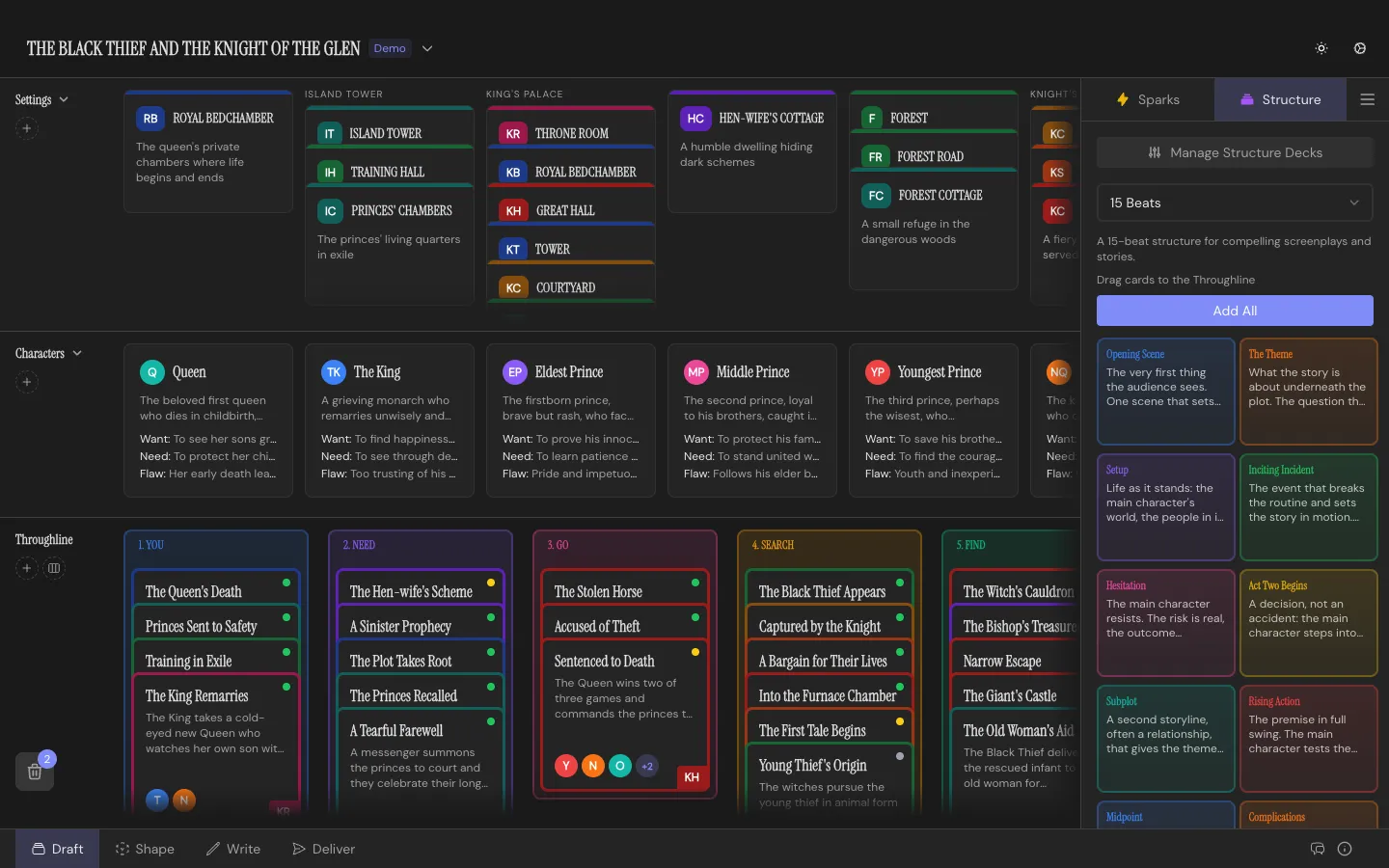 The Structure Decks panel open in the Draft Workspace, showing the 15 Beats deck