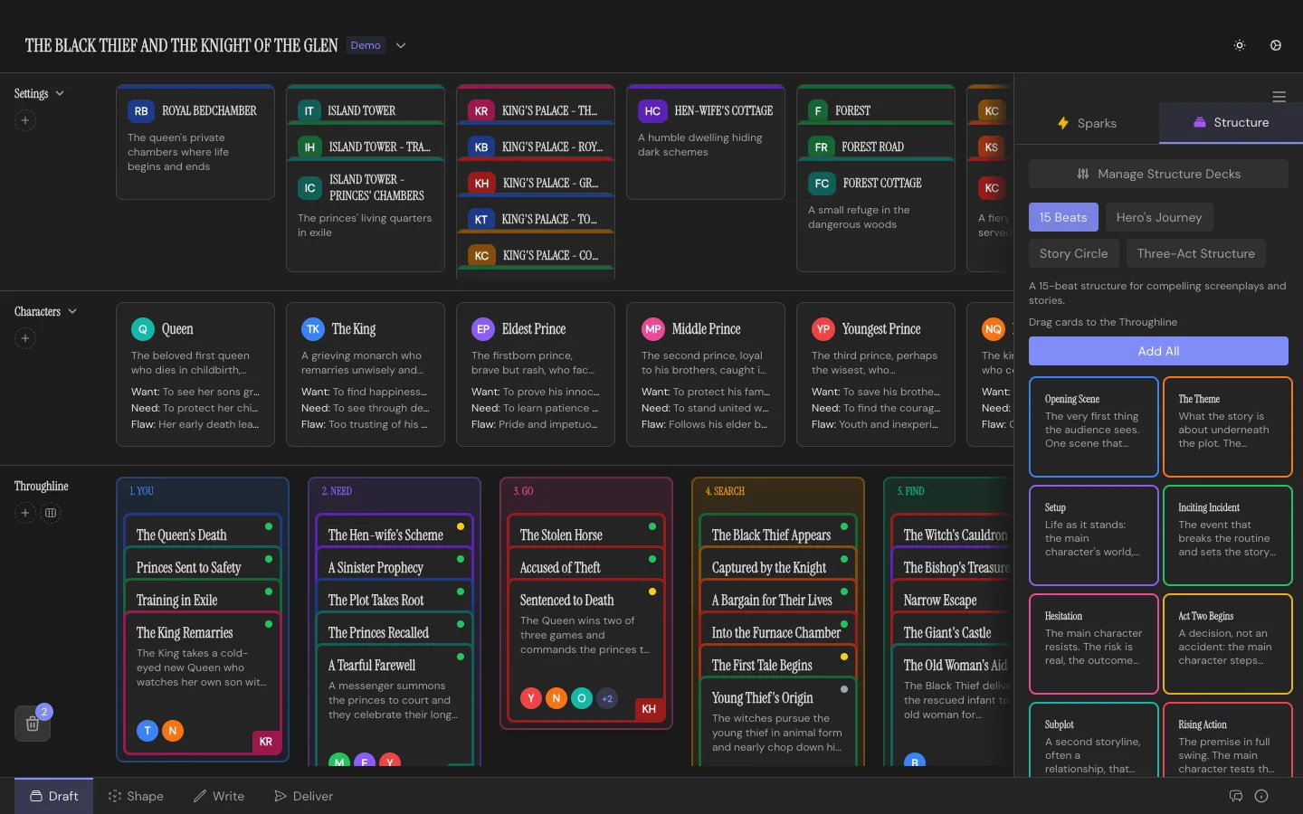 The Structure Decks panel open in the Draft Workspace, showing the 15 Beats deck