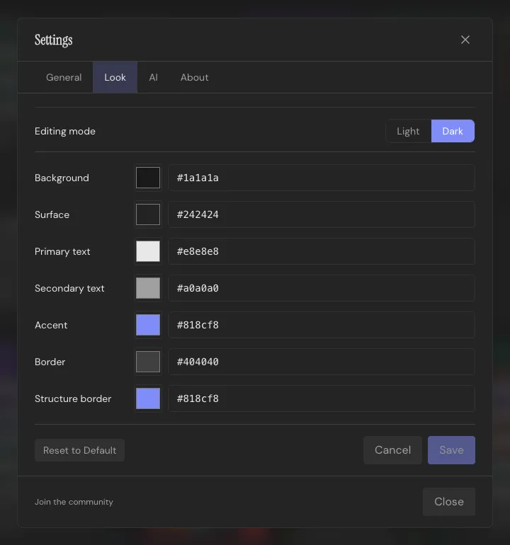 The theme color editor, with every token exposed as a hex value