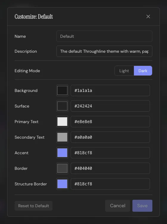 The theme color editor, with every token exposed as a hex value