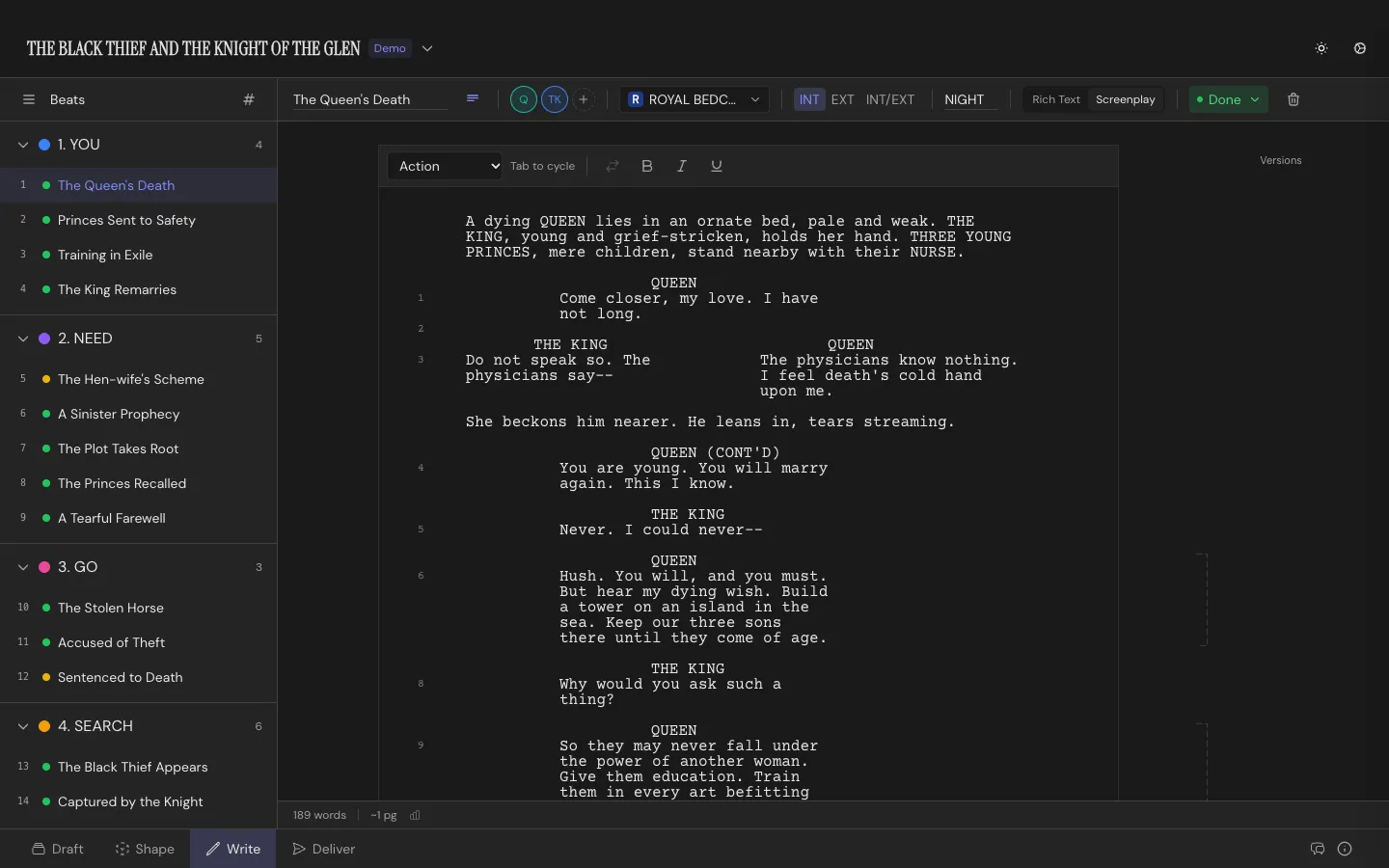The Write Workspace: a scene in live screenplay format, with Beats grouped by structure in the sidebar
