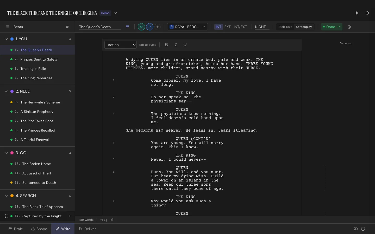 The Write Workspace: a scene in live screenplay format, with Beats grouped by structure in the sidebar