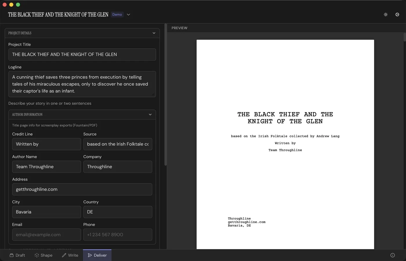 The Deliver Workspace: project and author settings on the left, a live preview of the formatted screenplay title page on the right.