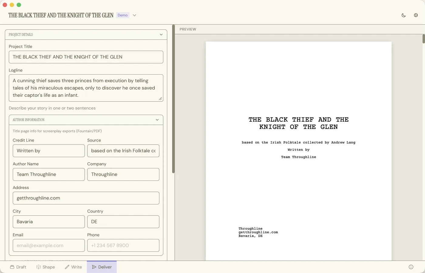 The Deliver Workspace: project and author settings on the left, a live preview of the formatted screenplay title page on the right.