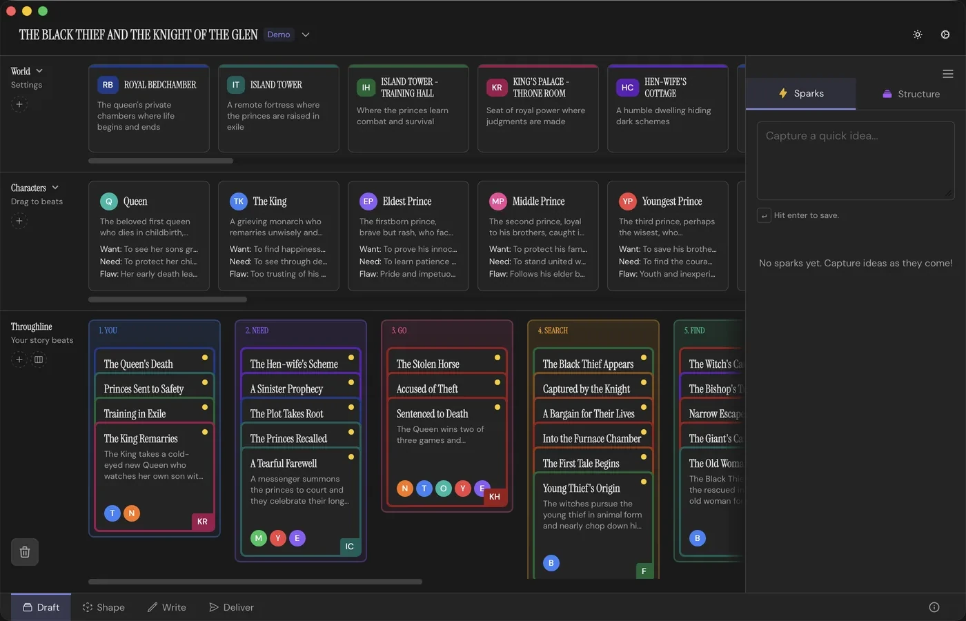 The Draft Workspace: rows of Setting and Character Cards above a run of colour-coded story Beats, with the Sparks inbox open on the right.
