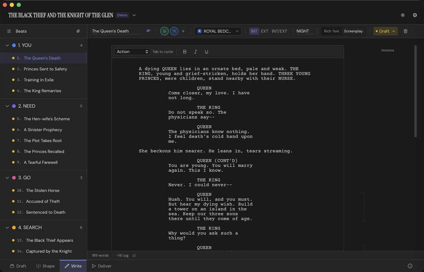 The Write Workspace: a scene in live industry-standard screenplay format (scene heading, action, character cues and dialogue in Courier), with the element selector set to Action and 'tab to cycle' beside it, Beats listed under their Structure in the sidebar, and a versions panel on the right.