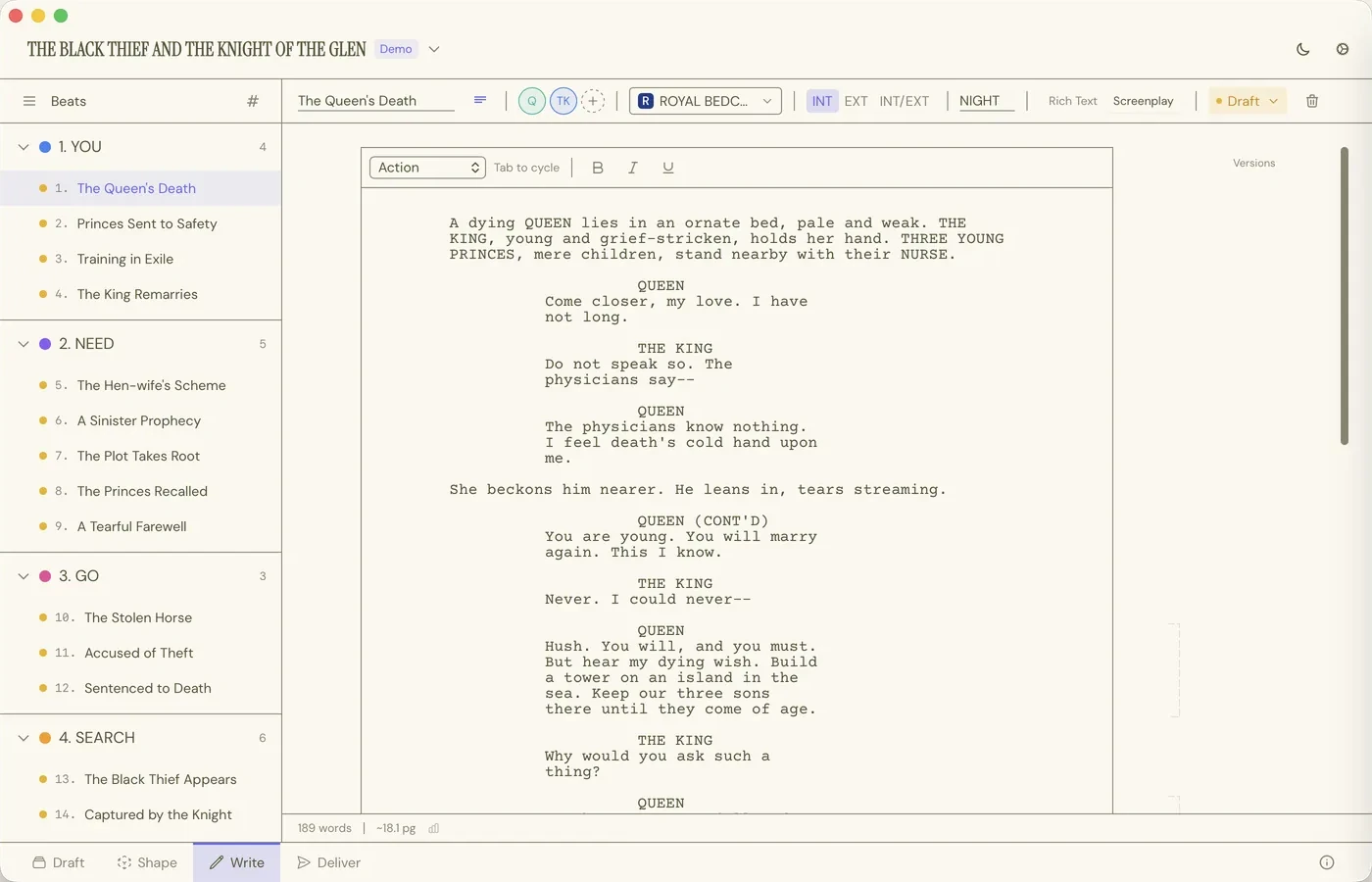 The Write Workspace: a scene in live industry-standard screenplay format (scene heading, action, character cues and dialogue in Courier), with the element selector set to Action and 'tab to cycle' beside it, Beats listed under their Structure in the sidebar, and a versions panel on the right.